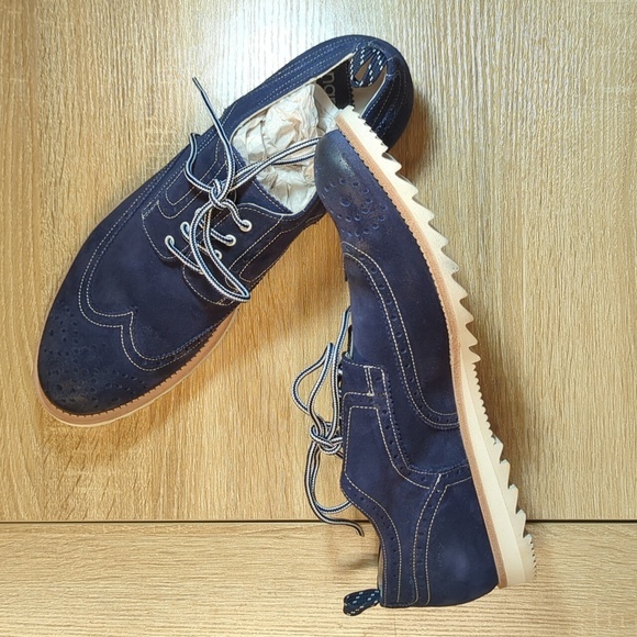 Narrative Blue Suede Shark Tooth Derby Oxford Brogue Wingtip Shoe Italy 44 11